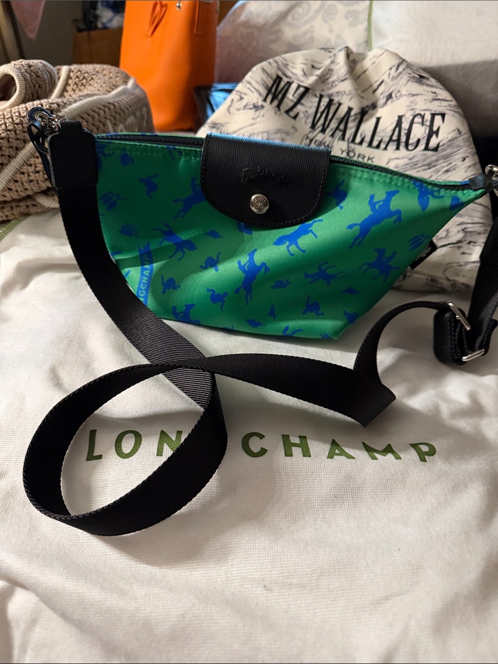 Longchamp Green Nylon Crossbody with Blue Horse Print and Black Strap